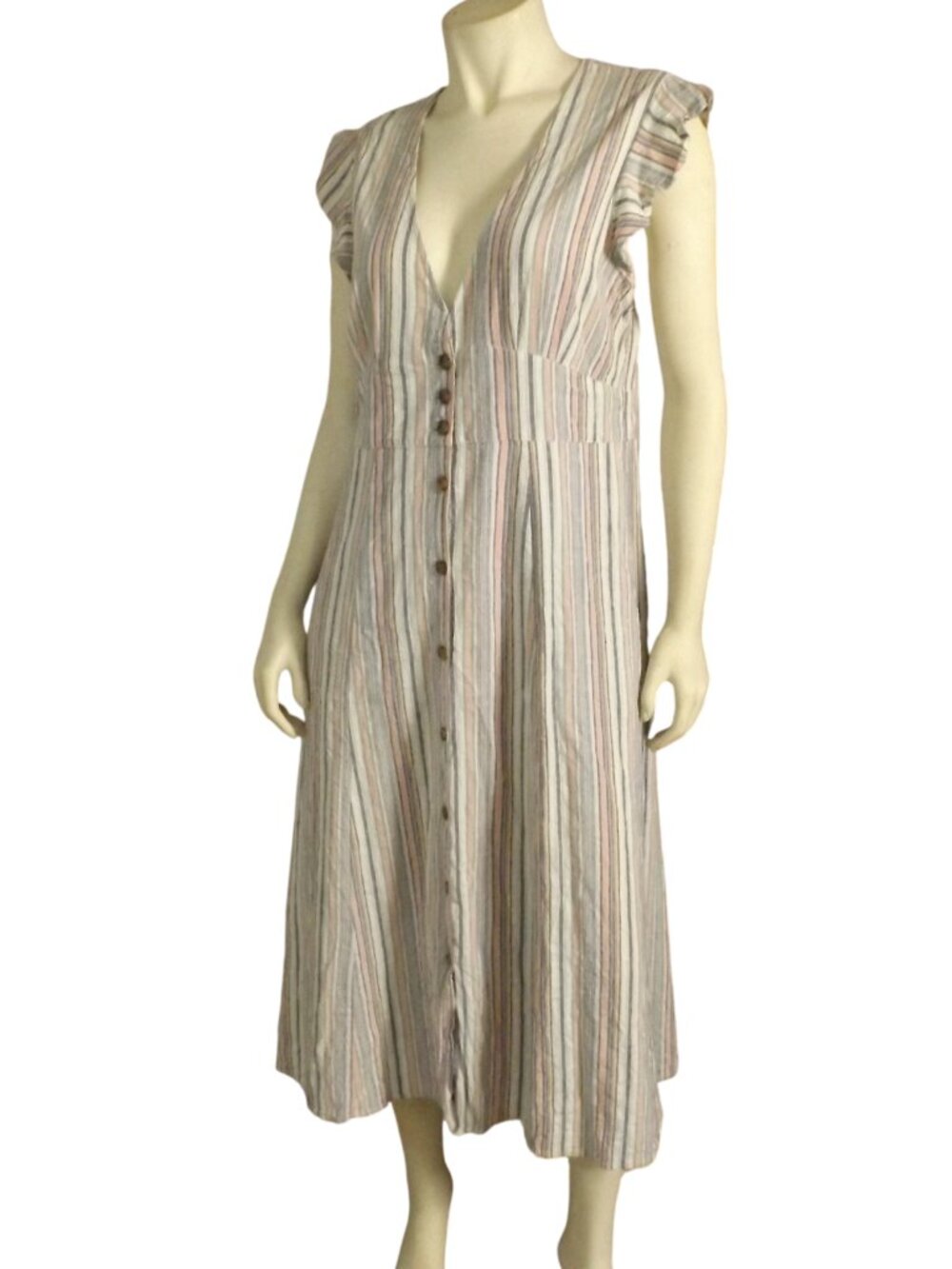 MARINE LAYER Midi Dress, L, Multicolor Stripes, Button front, Ruffle cap sleeve - Picture 4 of 15